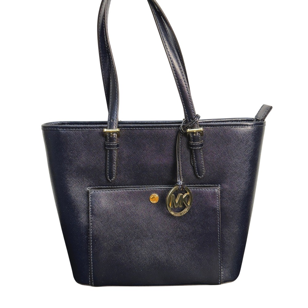 MICHAEL KORS‎ Navy Jet Set Medium Top Zip Pocket Tote Shoulder Bag